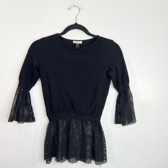 Toy G Italy black knit mesh peplum fitted 3/4 length sleeve top M - Picture 4 of 12
